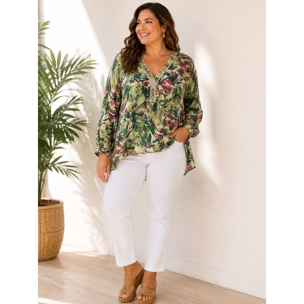 Catherines Tropical Palm Tunic 2X Beaded High Low Plus Size Resort Blouse